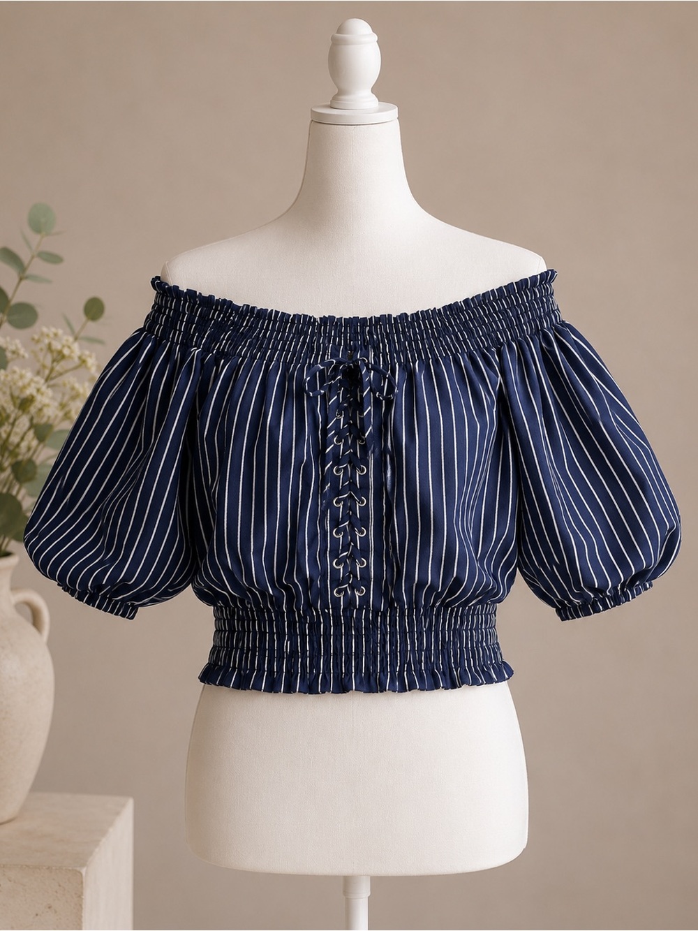 Paper Moon Navy White Stripe Off Shoulder Smocked Peasant Crop Top L